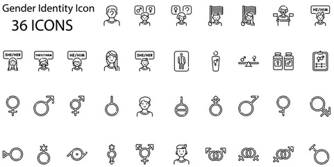 set of 36 outline web gender identity icons such as podium, happy, silence, gender identity, rainbow, genderfluid, bigender, bigender vector thin line icons for web design, mobile app.