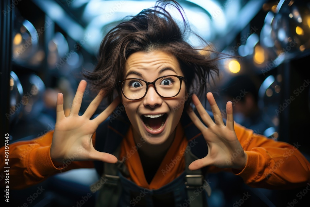 Wall mural Joyful beautiful lady with glasses with short hair smiling showing her teeth and h, generative IA - Wall murals