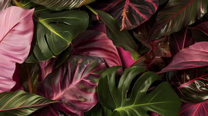 Vibrant Tropical Foliage with Varied Leaf Shapes and Colors, Lush Green and Pink Leaves, Exotic Plant Background, Nature, Botany, and Gardening