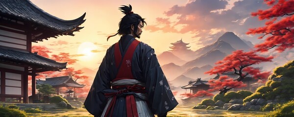 Fototapeta premium Manga Samurai Fighter standing in traditional japanese garden with sunset. Extremely detailed high resolution illustration