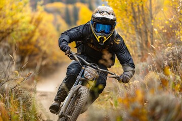 Mountain bike race, man and cycling adventure on dirt path, sand hill, speed challenge, sports action, faster athlete in Norway. Cycling, fitness, and cardio on nature trail