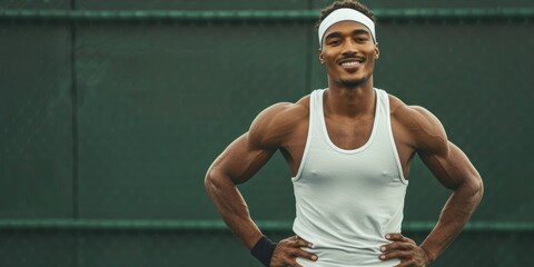 Laughing mixed-race tennis player alone on court. Latino athlete with hands on hips and confidence in sports club. Fit and ready to play