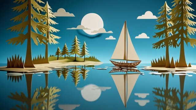 A whimsical kirigami scene of a small sailboat made from intricate paper sheets, floating on calm waters with reflections of stylized trees and a serene landscape.