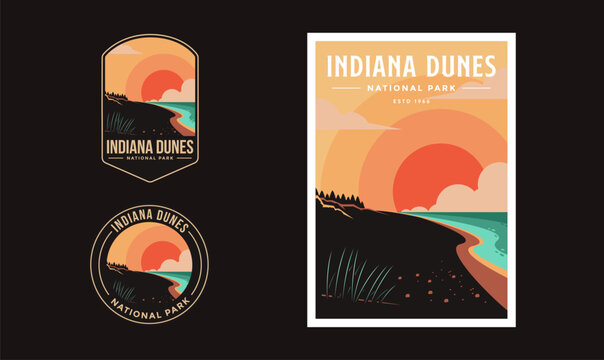 Set of Indiana Dunes National Park graphic illustration badge poster vector