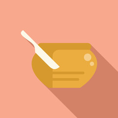 Knife spreading butter from ceramic butter dish on pink background, in flat design style