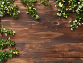 flowers and leaves on wood background, top view, Copy Space