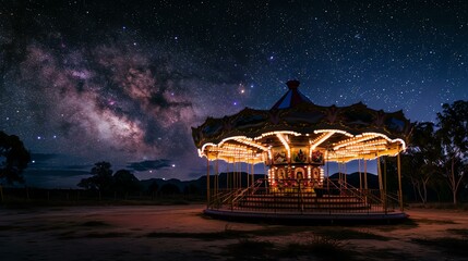 A beautifulðŸŽ ðŸŽ ðŸŽ  carousel sits in an empty field at night. The sky is full of stars and the light from the carousel casts a warm glow on the ground.