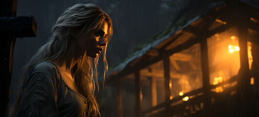Obraz premium chasing a blonde woman through a hut in the woods, ai generative