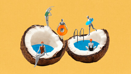 Surreal image with coconut swimming pools and young women in colorful swimsuit resting, swimming and sunbathing. Contemporary art collage. Concept of summer, vacation, relaxation. Retro style