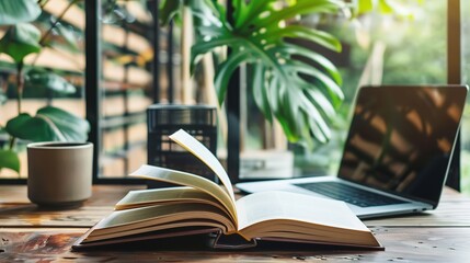 A laptop that is open and an abstract book, Generative AI.