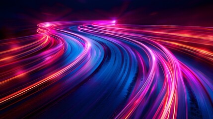 Vibrant Glowing Light Trails on Nighttime Highway Blurred Motion Abstract Background