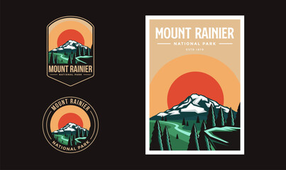 Set of Mount Rainier National Park graphic illustration badge poster vector