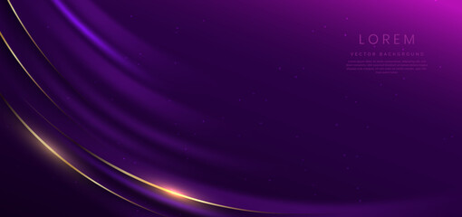 Abstract glowing gold curved lines on dark purple background with lighting effect and sparkle with copy space for text.