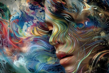 Face of a woman formed by Quantum Waves, set against an abstract background