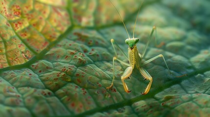 Fototapeta premium Green Praying Mantis on a Leaf - Macro Photography