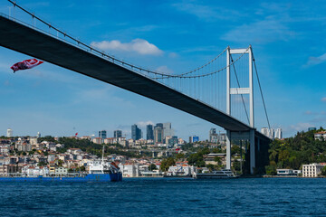 Naklejka premium Skyscrapers of istanbul behind the Bosphorous, financial district of Turkey