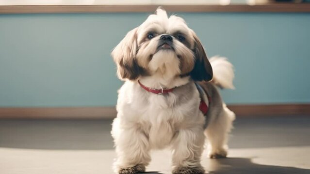 Cute Shih Tzu dog standing and looking around while shaking happy on blue studio background