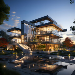 Obraz premium 3d rendering of modern cozy house with pool and parking for sale or rent with beautiful landscaping on background. Clear summer night with golden sunlight.