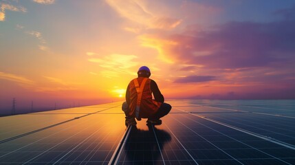 echnology solar cell: Engineer checking the installation of solar cells on the roof of a factory in the morning. Silhouette of a technician inspecting and repairing solar cells on the factory roof, 