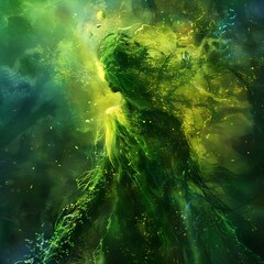 Radiant Verdant Forest Spirit   Generative 3D of Mystical Humanoid Figure in Vibrant Watercolor