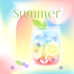 Dreamy rainbow summer cocktail with lemon mint ice cubes and berries on a blurred background. Media social post template with text summer time.Vector stock illustration.
