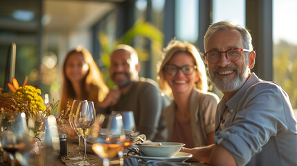 Friends, family, two men and two women middle aged sitting at a dining table in a modern room in a restaurant, home. 