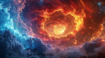 The image is a depiction of a nebula, a vast interstellar cloud of dust, hydrogen, helium and other ionized gases.