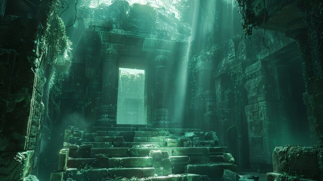 The image is a dark, underwater scene. There is a large, open doorway in the center of the image, and the walls and floor are covered in ancient ruins.