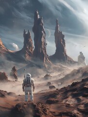 Lone Astronaut Explores Mysterious Alien Landscape with Towering Cosmic Formations