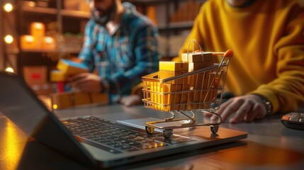 Online shopping e-commerce and customer experience concept: cashiers with shopping cart on a laptop keyboard, depict shopper consumers buy or purchase goods and services at home or office