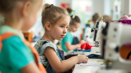 Children learning to sew simple projects, using colorful fabrics and threads, with an adult providing guidance.