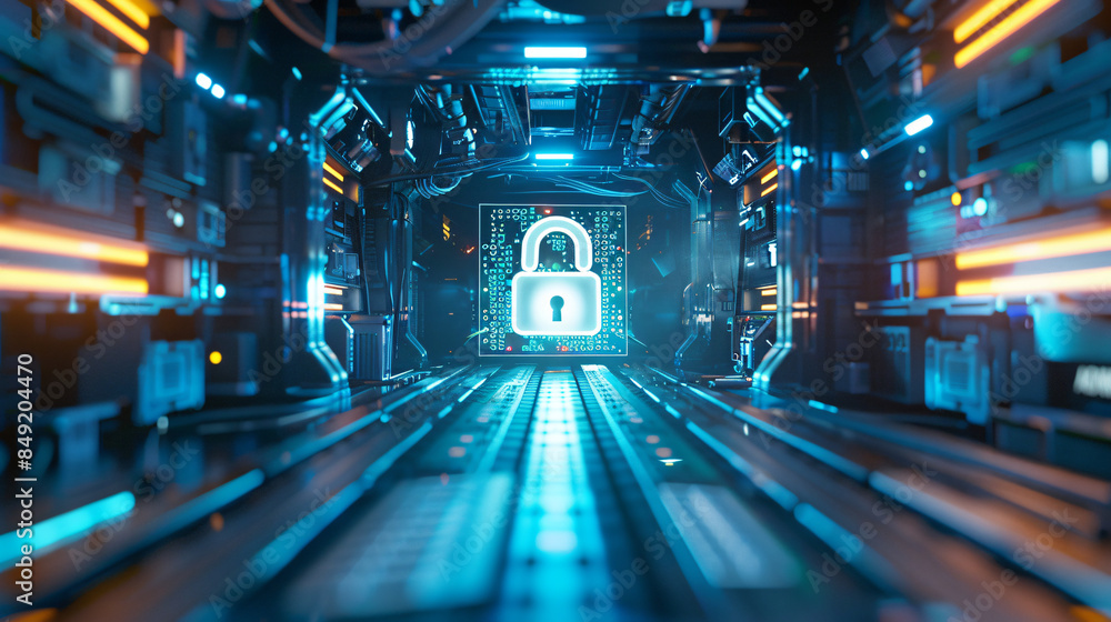 Poster depicting digital security with a padlock in a server room: an illustration