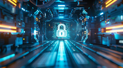 Depicting digital security with a padlock in a server room: an illustration