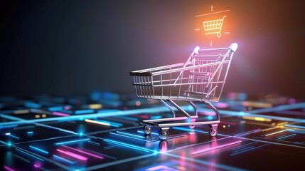 Shopping cart with neon colorful can be viewed in modern stores with copy space