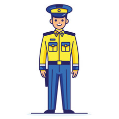 Young male police officer cartoon character standing confidently. Blue navy pants, yellow shirt, cap, illustration style. Friendly policeman uniform, cheerful expression, law enforcement concept