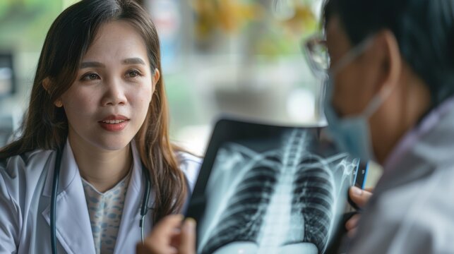 Photograph of a young Asian female doctor showing lung x-ray results and lecturing to senior patients in hospital For Cancer Awareness Month - Powered by Adobe