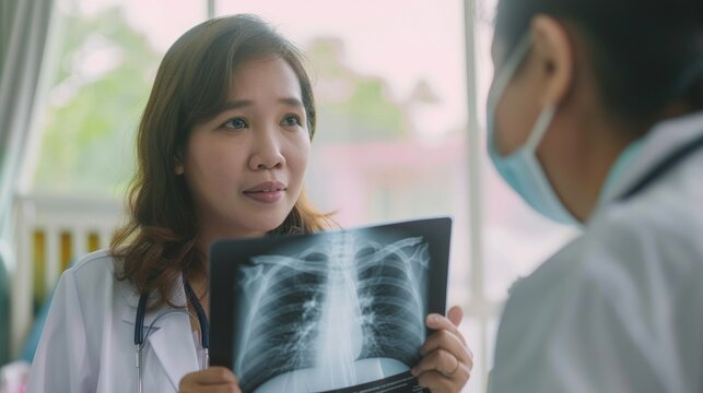 Photograph of a young Asian female doctor showing lung x-ray results and lecturing to senior patients in hospital For Cancer Awareness Month - Powered by Adobe