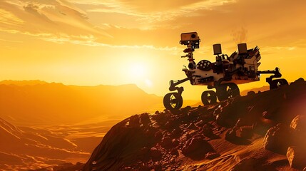 Futuristic AI Powered Mars Rover Navigating Canyons Under Stunning Sunset Skyscape