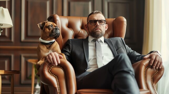 Rich dog in glasses, seated in a leather chair in a room, presenting a humorous humanization concept, ideal for design and advertising.