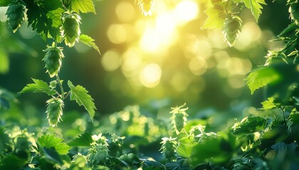 Lush green hops illuminated by sunlight, evoking freshness and nature's bounty in a vibrant, sunlit forest environment.