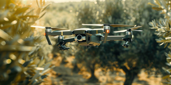 Drone checking and observing olive trees, Smart technologies in agriculture 