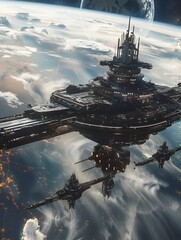 Futuristic Modular Orbital Space Station with Advanced Zero Gravity Habitats and Geometric Silhouette