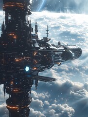 Ambitious Modular Orbital Space Station with Geometric Silhouette and Zero Gravity Habitats