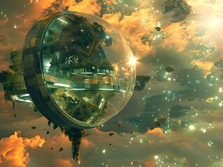 Generative AI Modeled Futuristic Deep Space Habitat Module with Panoramic Observation Viewports and Solarpunk Inspired Cosmic Aesthetics