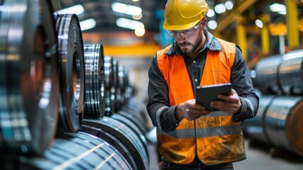 Young steel worker inspecting manufactured cylinders while using digital tablet in distribution warehouse