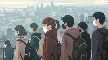 Fototapeta premium Illustration of people wearing masks walking through a city during a foggy day, highlighting urban life and public health awareness.