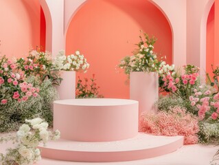 Podium and floral composition for product showcase