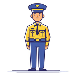 Young male police officer standing confidently, fully clothed uniform, displaying authority. Cartoon policeman blue trousers, yellow shirt, cap, badge, serious expression. Profession representation