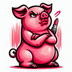 Illustration of a sassy pig with crossed arms and lipstick, conveying attitude and humor in a vibrant cartoon style.