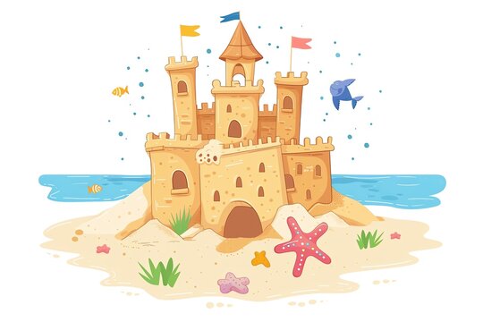 sandcastle on beach with flags and sea life clip art preview
